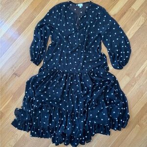 Anthropologie Black Tiered Heart Print Long Sleeve Dress